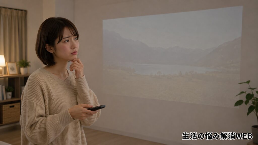 暗くて見えにくいプロジェクター映像を前に、リモコンを持って原因を考えている女性