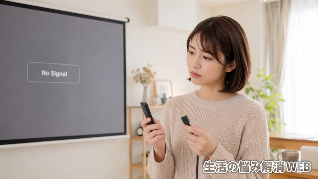 プロジェクター画面に「No Signal」と表示され、リモコンとHDMIケーブルを確認して困っている女性