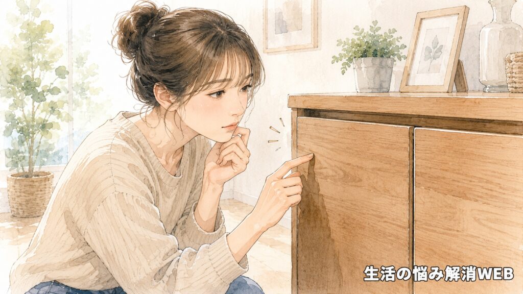押して開く木製キャビネットの扉が開かず、原因を確認するために扉まわりを見つめる若い女性を描いた、やわらかな暮らし系イラスト。