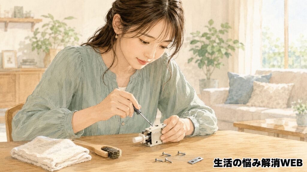 テーブルの上でプッシュラッチ部品を分解し、ドライバーで調整しながら修理している若い女性を描いた、やわらかな暮らし系イラスト。