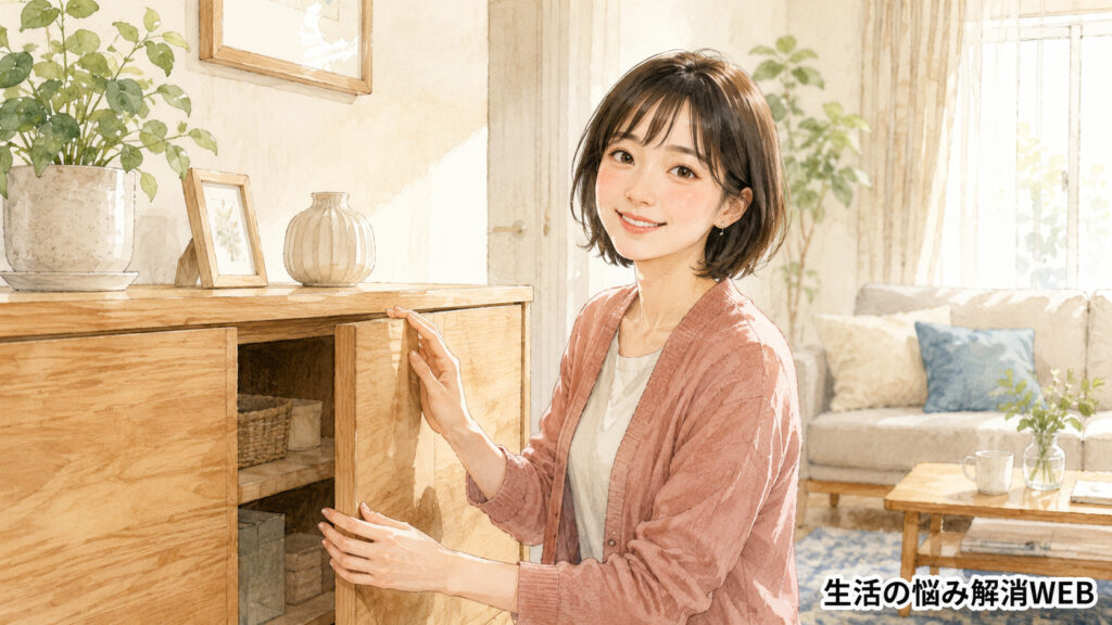 調整後にスムーズに開くようになった木製キャビネットの扉を、笑顔で確認している若い女性の暮らし系イラスト