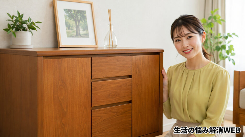 木目シートを補修してきれいになった家具の横で微笑む若い女性
