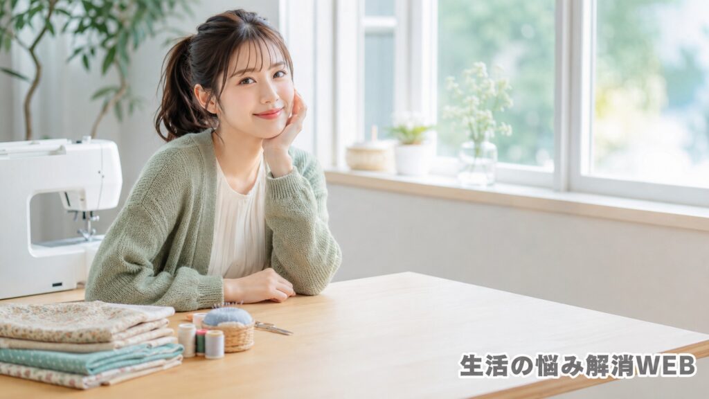 明るい裁縫スペースで女性が穏やかに座り、ミシンや布、糸を整理している様子