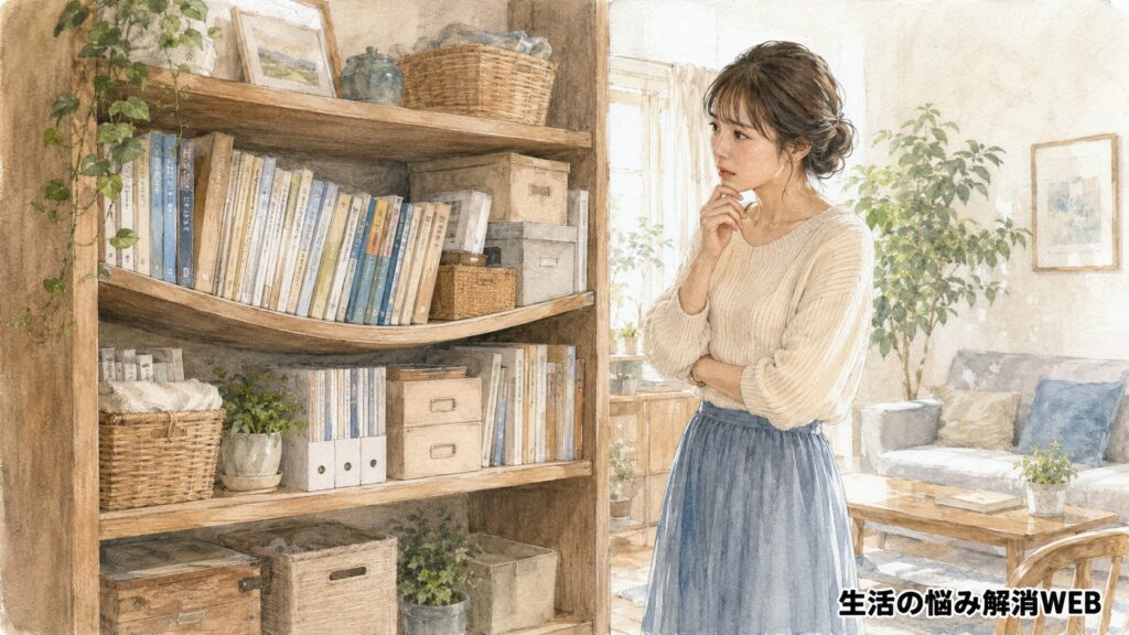 重い本や収納ボックスでたわんだ木製棚板を見つめ、原因を考える女性