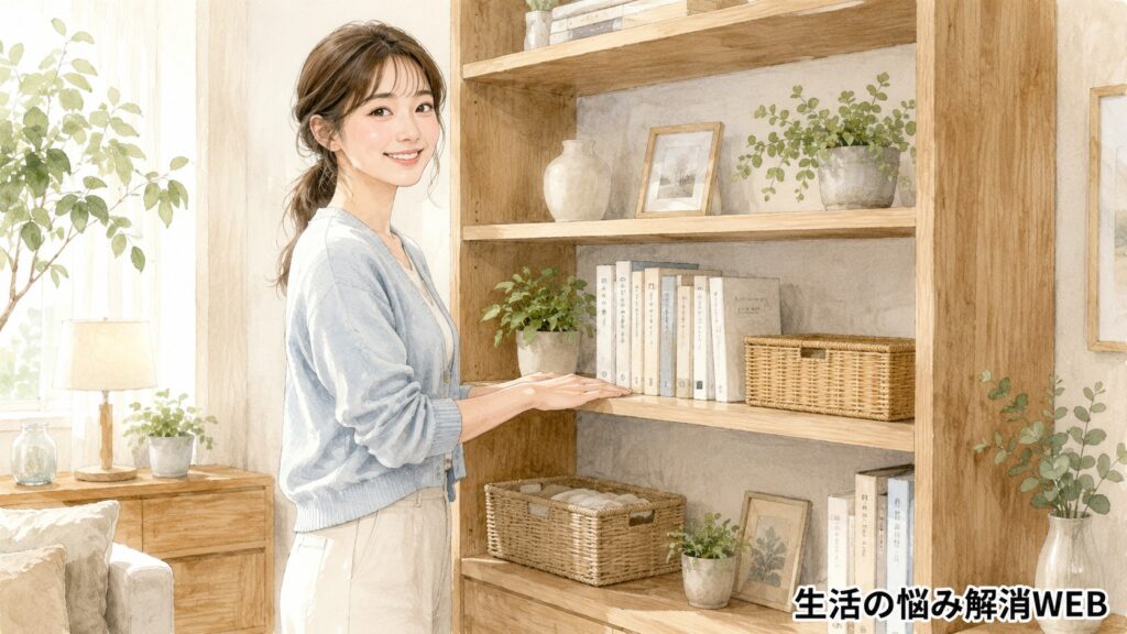 整理された本棚の前で、たわみのない棚板を確認しながら微笑む女性