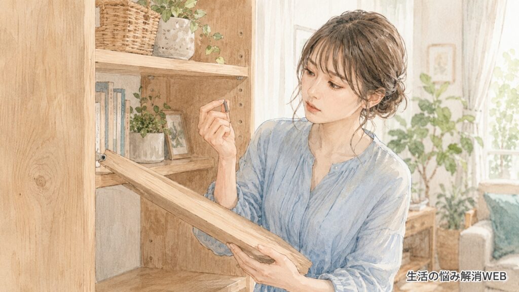 棚受けダボが外れて傾いた木製の棚板を支えながら、原因を確認する女性のイラスト