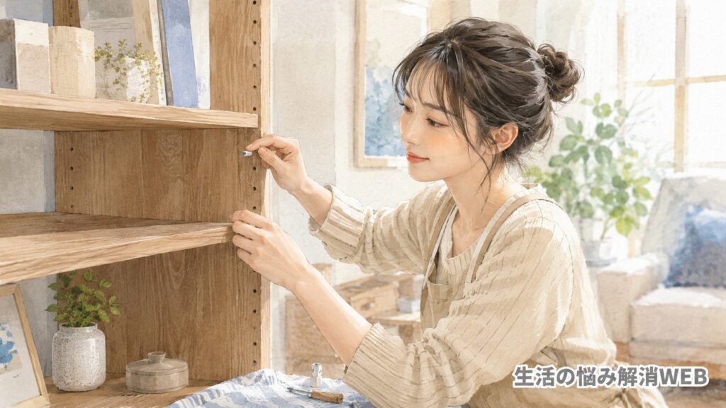 木製棚の棚受け穴にダボを取り付け、棚板を修理している女性のイラスト