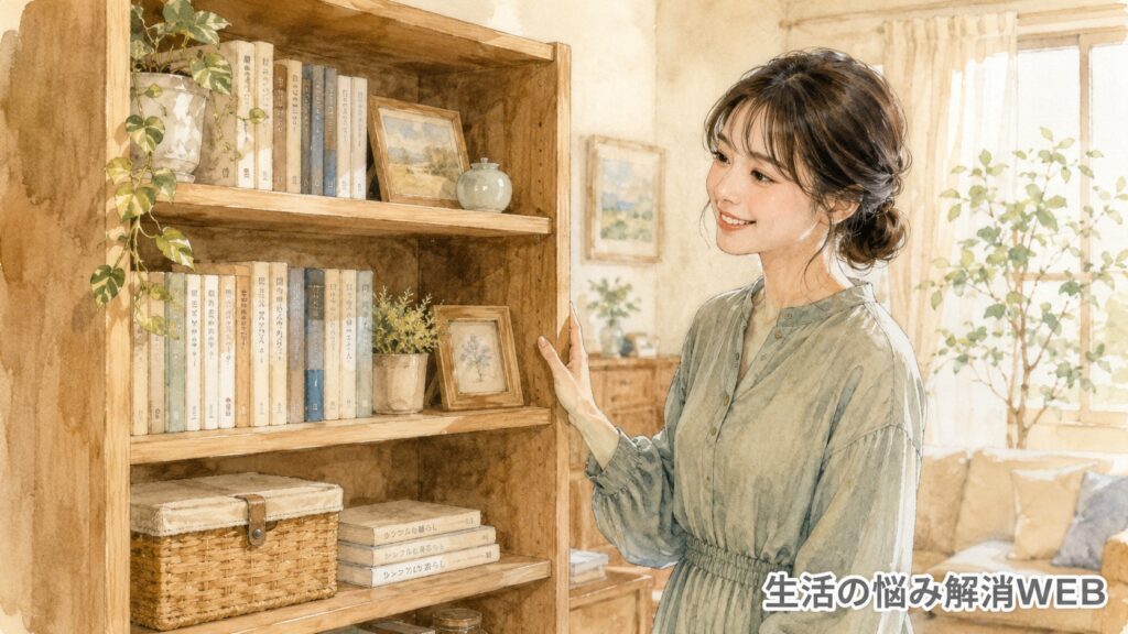 棚板の修理が完了した木製棚を笑顔で確認する女性のイラスト
