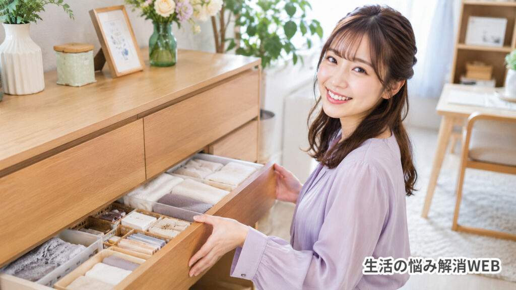 整理された木製チェストの引き出しをスムーズに開け、笑顔を見せる若い女性