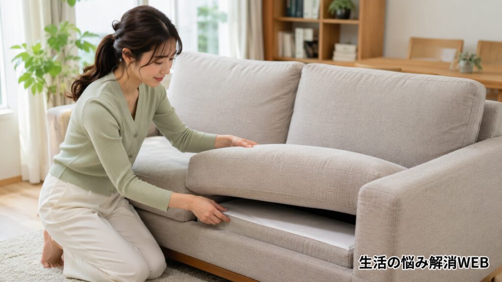 ソファの座面クッションを持ち上げて、中材や土台の状態を確認する女性