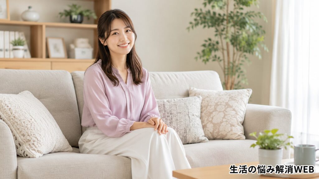 へたり対策後のソファに座り、安心した笑顔を見せる女性