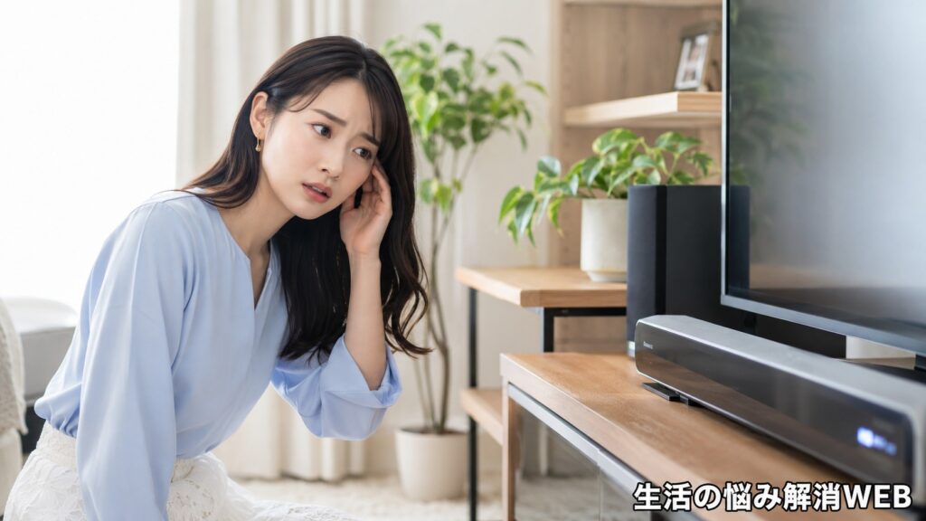 リビングでスピーカーの音割れに困り、テレビ横の音響機器を確認している女性
