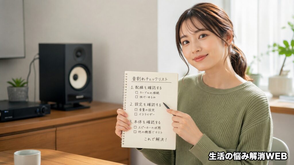 スピーカーの音割れチェックリストを持ち、配線や設定の確認手順を案内している女性