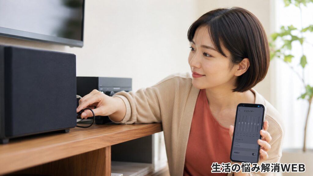 スピーカーのケーブル接続とスマホのイコライザー設定を確認している女性