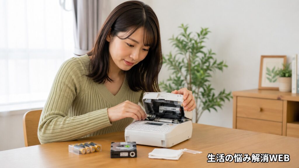 ラベルライターのカバーを開け、テープカセットや内部の状態を確認しながら点検する女性