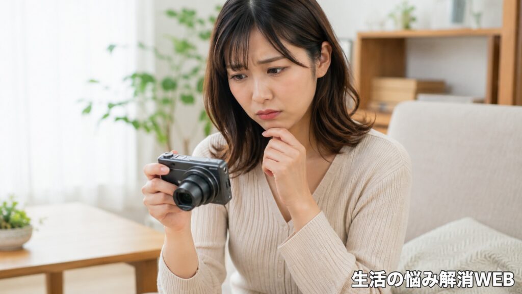 レンズが出たまま戻らないデジタルカメラを手に持ち、困った表情で確認する女性