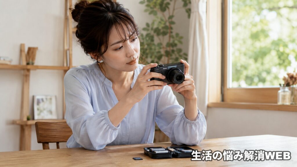 明るい室内で、レンズが戻らないデジタルカメラとバッテリーやSDカードを確認する女性