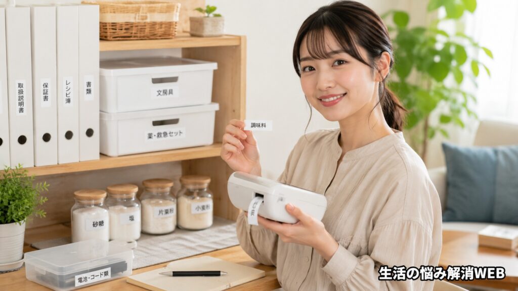 家庭の収納棚の前で、印刷したラベルを手に持ちながらラベルライターを使って整理整頓する女性