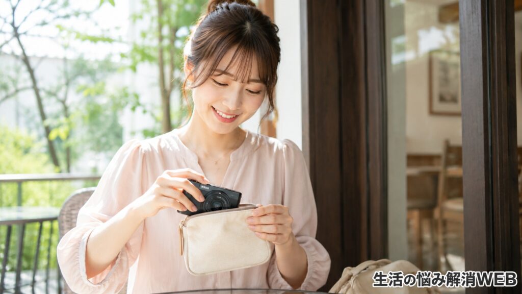 明るい窓辺で、デジタルカメラを専用ポーチへ丁寧に収納する笑顔の女性