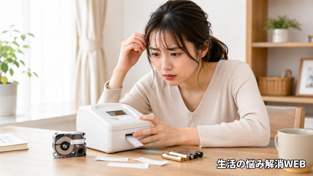 ラベルライターの前で困った表情を見せながら、テープや電池を確認して印刷不良の原因を調べる女性