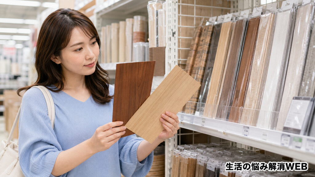 ホームセンターで色や柄の異なる木目補修シートを比較する若い女性