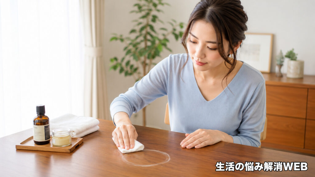 木製テーブルの白い輪染みを布で手入れしている若い女性
