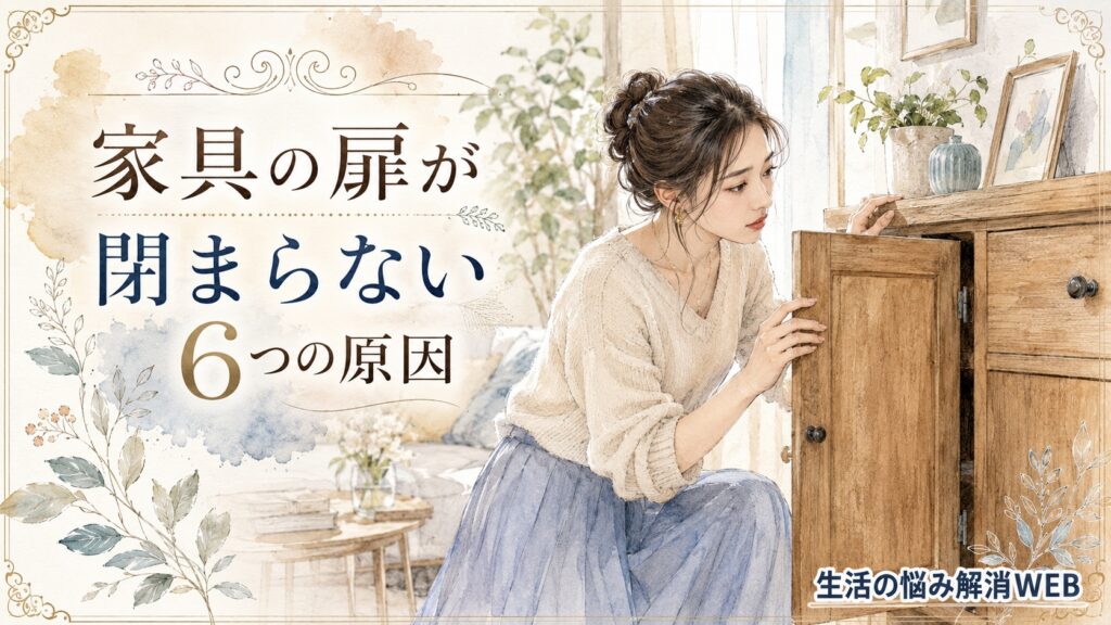 閉まりにくい木製家具の扉を確認する女性を描いた、家具の扉が閉まらない6つの原因のイラスト