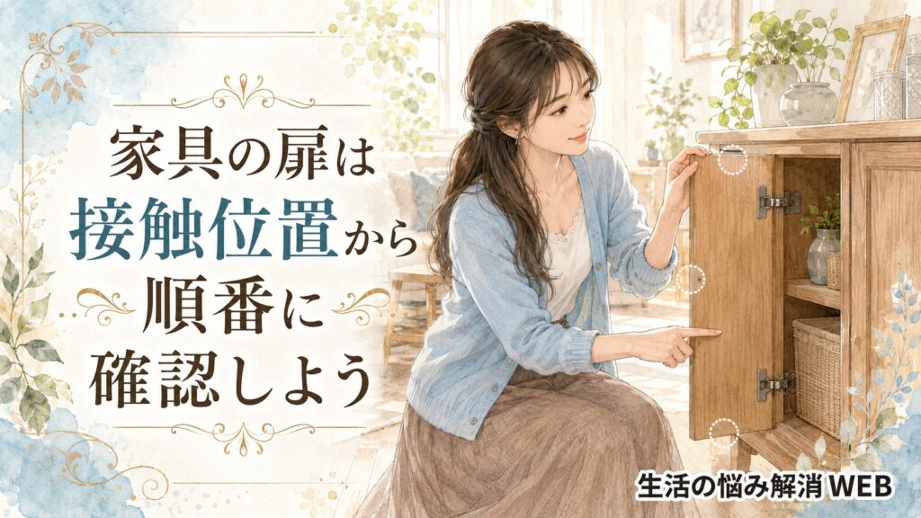 木製家具の扉が接触する位置を順番に確認する女性を描いた暮らし系イラスト