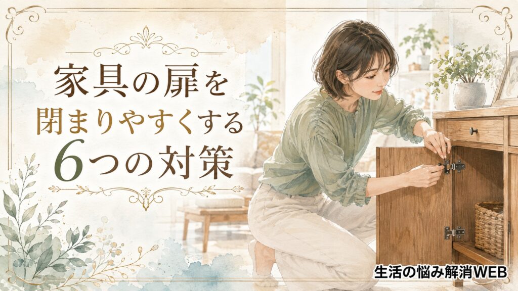 木製家具の蝶番を調整する女性を描いた、家具の扉を閉まりやすくする6つの対策のイラスト