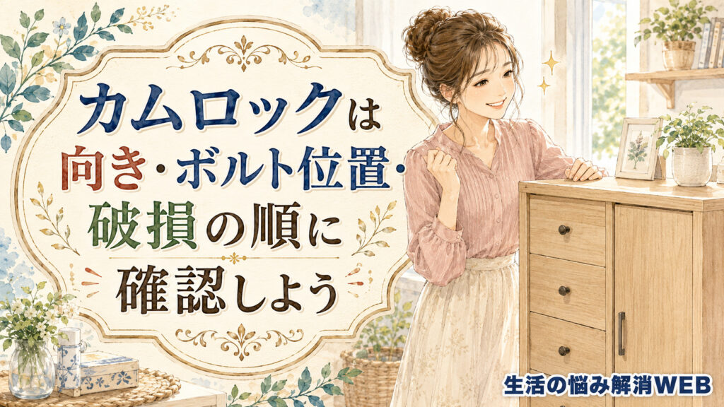きれいに組み立てられた木製家具の前で、カムロックの確認ができて安心した表情を見せる女性の暮らし系イラスト