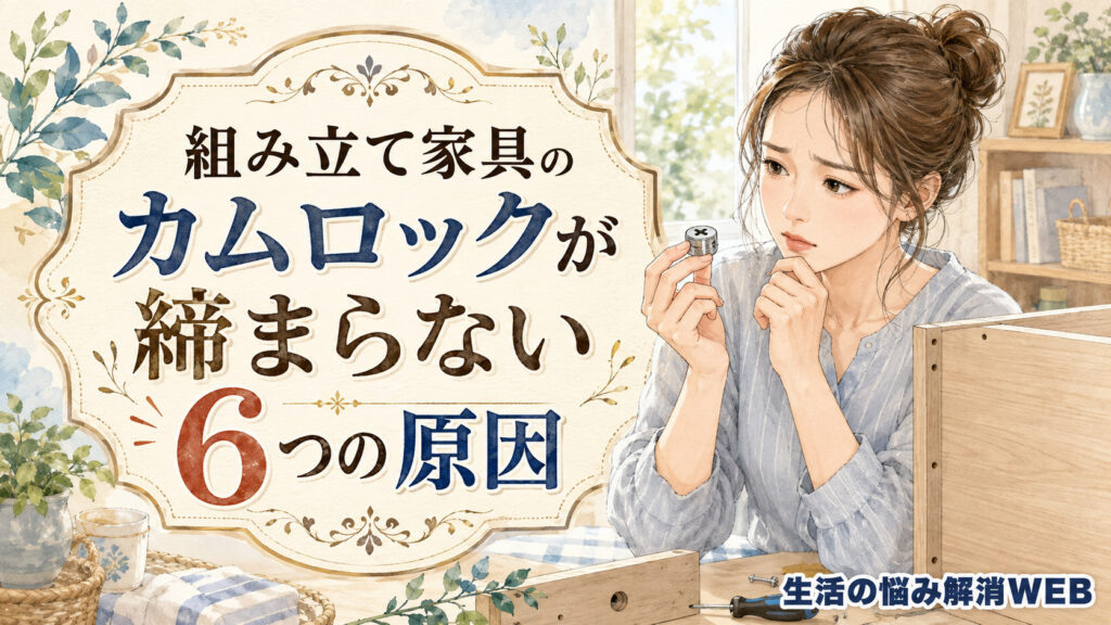 カムロックの部品を手に取り、組み立て家具の前で締まらない原因を悩みながら確認している女性の暮らし系イラスト