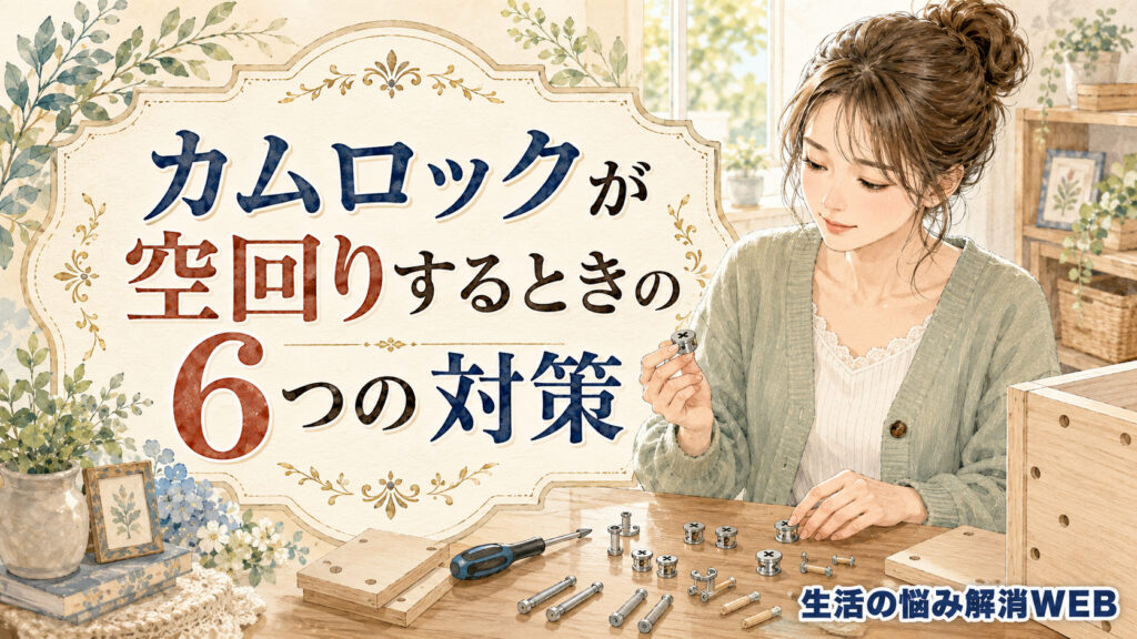 カムロックやボルト、木ダボ、ドライバーなどの部品を机に並べ、対策を確認している女性の暮らし系イラスト