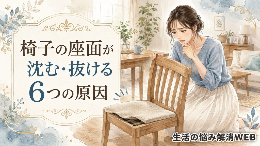 座面が沈んだ木製椅子を見ながら原因に悩む女性のイラスト