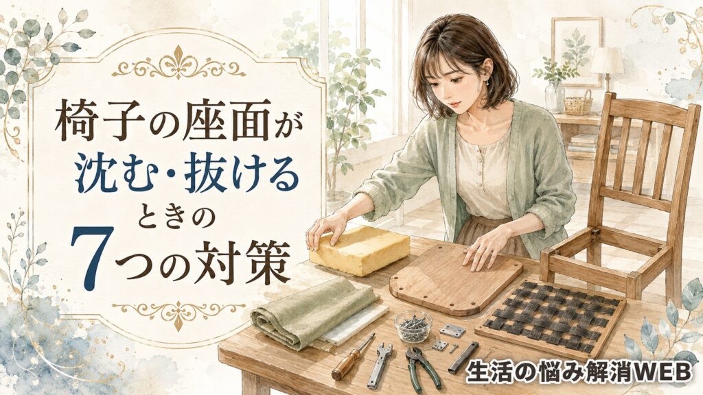 椅子の座面修理に使うウレタンや座板、工具をテーブルに広げて準備する女性のイラスト