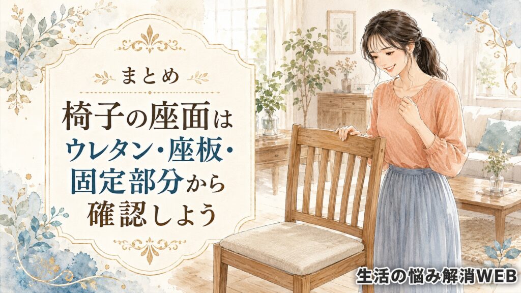 修理できれいになった木製椅子の前で笑顔を見せる女性のイラスト