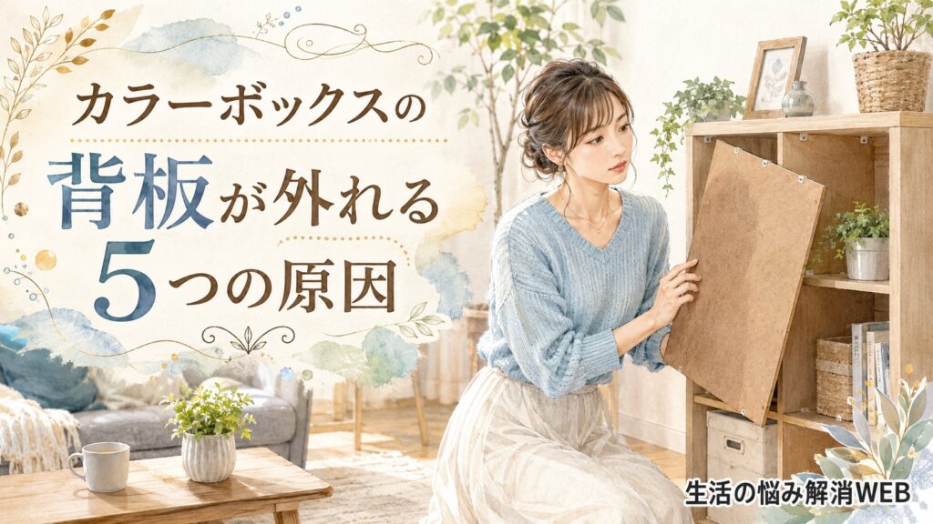 カラーボックスから外れた背板を確認する、淡いブルーのニットを着た女性の暮らし系イラスト
