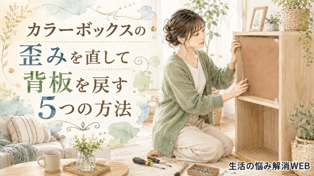 工具を用意し、カラーボックスの歪みを整えながら背板を戻す女性の暮らし系イラスト