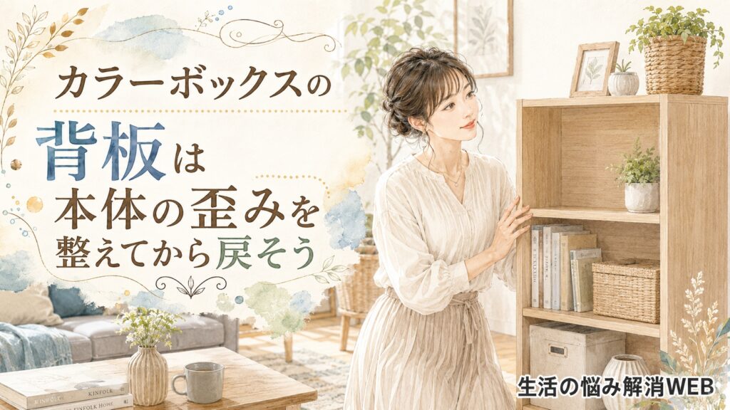 本体の歪みを整えて背板を戻したカラーボックスを確認する女性の暮らし系イラスト