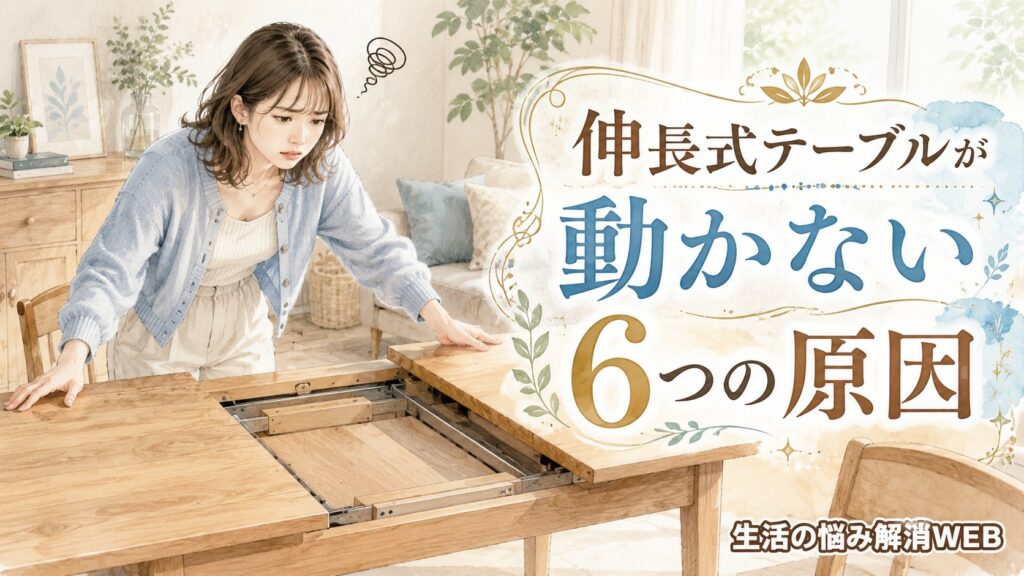伸長式テーブルが動かず、天板を調整しながら困っている女性のイラスト