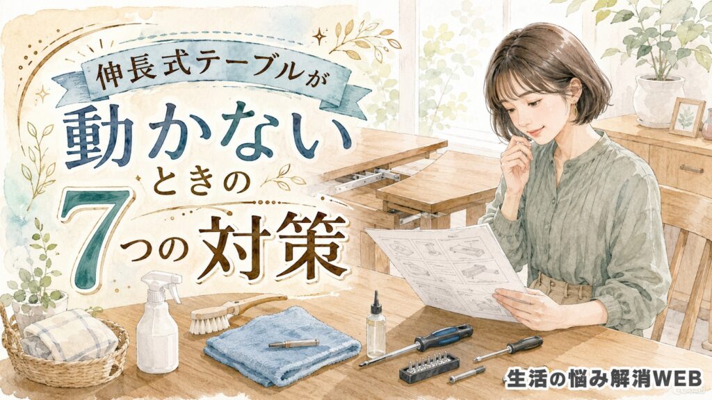 説明書や掃除道具、ドライバーを広げて伸長式テーブルの対策を確認する女性のイラスト