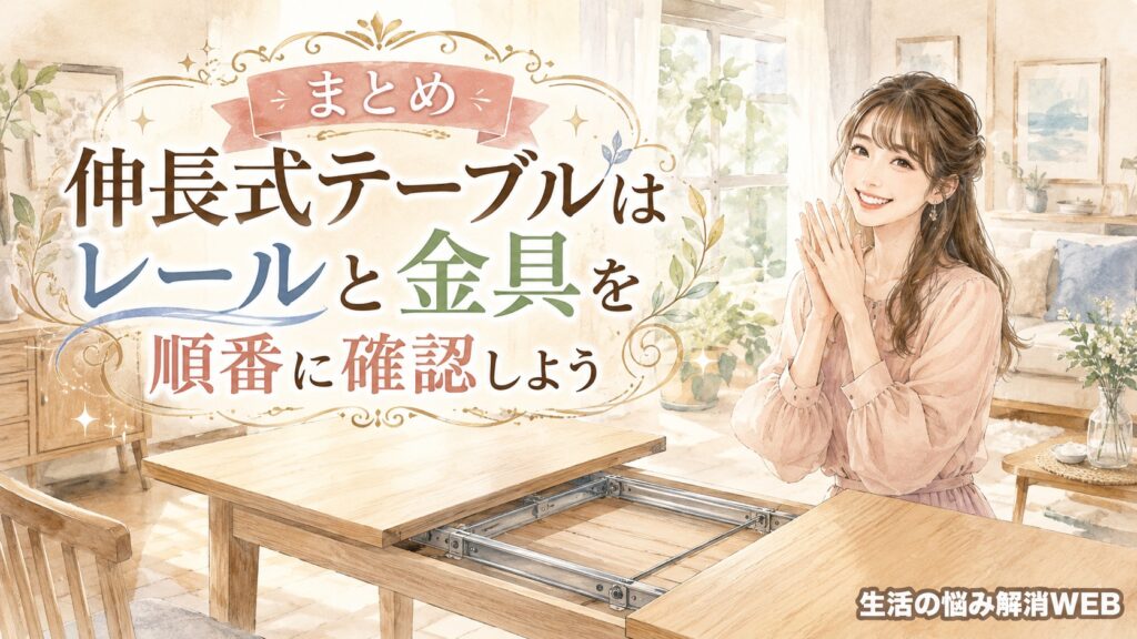 きれいに整った伸長式テーブルの前で、問題が解決して喜ぶ女性のイラスト