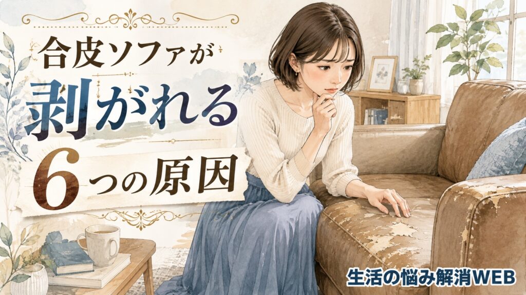 合皮ソファの座面や肘掛けが剥がれ、傷んだ部分を見ながら悩む女性のイラスト
