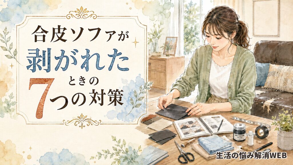 合皮ソファの補修シートやハサミ、クロスなどの補修用品をテーブルに広げて確認する女性のイラスト
