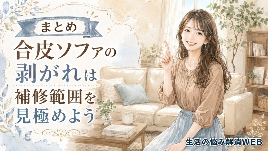 きれいな合皮ソファの前で笑顔を見せる女性と明るいリビングのイラスト