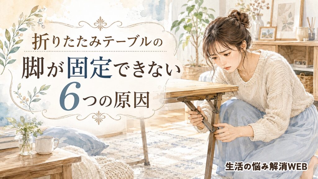 折りたたみテーブルの脚が固定できず、ロック部分を確認しながら悩む女性のイラスト