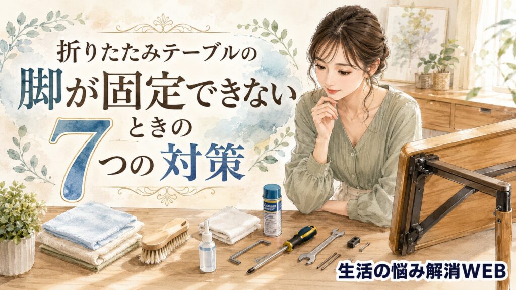 折りたたみテーブルの脚を直すため、掃除道具やドライバーなどの工具を広げて確認する女性のイラスト