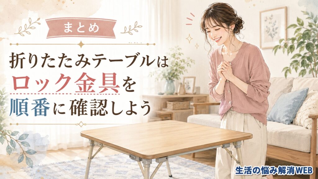 脚のロック金具を確認してきれいになった折りたたみテーブルの前で喜ぶ女性のイラスト