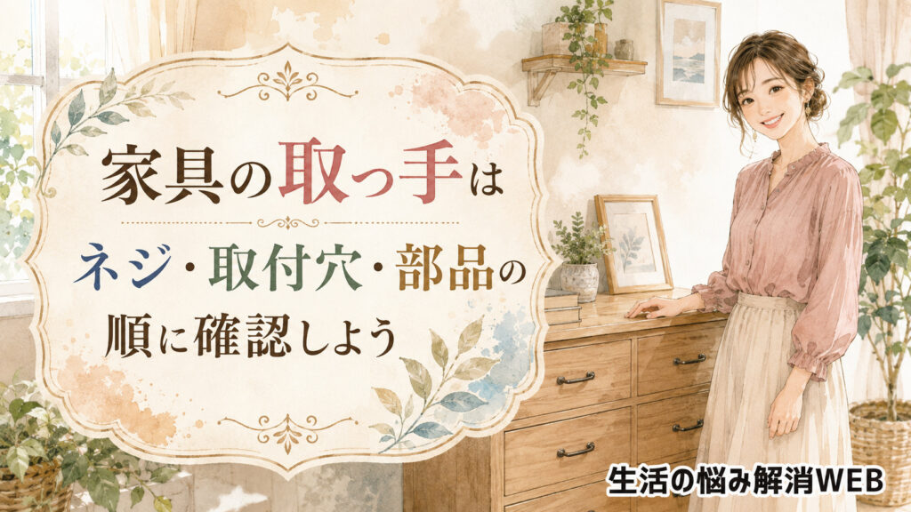 きれいな取っ手が付いた木製家具の前で、安心した表情を見せる女性を描いた暮らし系イラスト