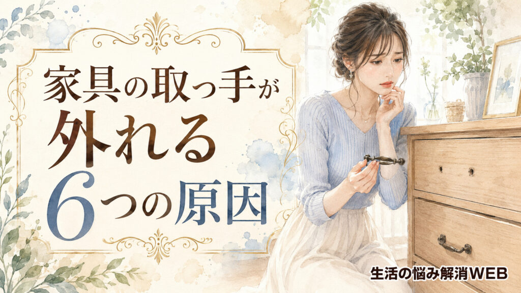外れた家具の取っ手を手に持ち、引き出しの取付穴を見ながら悩む女性を描いた暮らし系イラスト