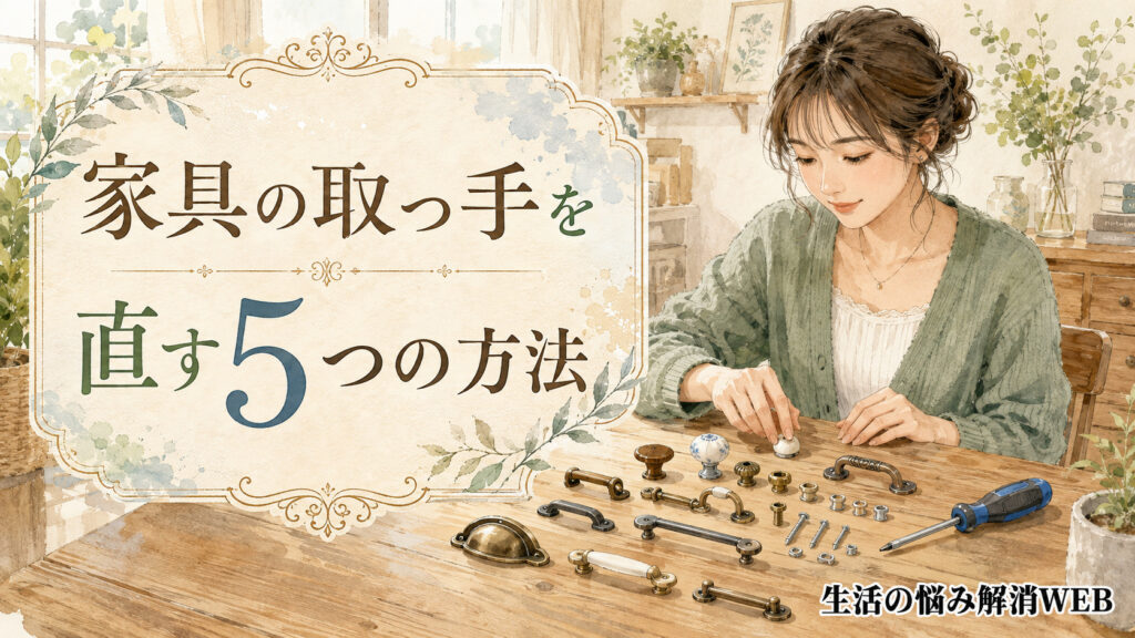 さまざまな家具の取っ手やネジ、部品、ドライバーを机に並べて確認する女性を描いた暮らし系イラスト